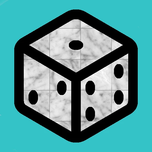 A computer drawing of a die using a marble texture representing Real* Dice*